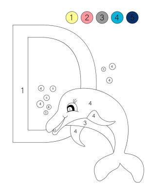 Hayvanlarla boyama kitabı alfabesi. Numarası olan çocuklar için ABC boyama sayfası. D yunuslar içindir..