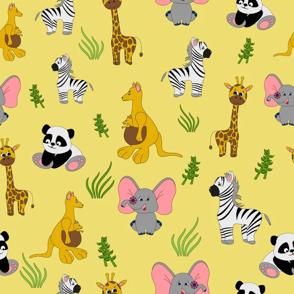 动物宝宝无缝图案 熊猫长颈鹿大象袋鼠斑马有黄色背景的植物 — 图库矢量图片