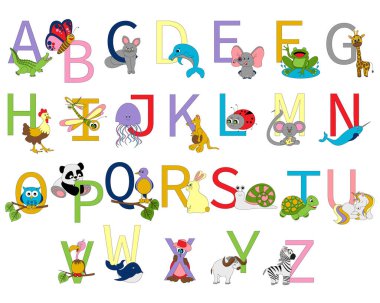 Hayvanat bahçesi alfabesi, beyaz arka planda izole edilmiş hayvanlar. Renkli ABC harfleri. Çocuklar için grafik tasarımı.
