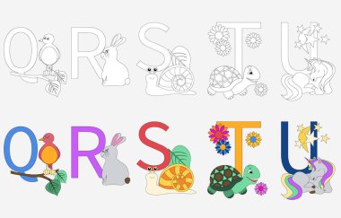 Çizgi film alfabesi boyama kitabı. ABC 'den hayvanların boyama sayfaları. Bölüm 4.