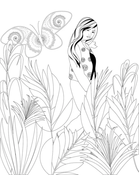 Antistress Coloring Book Adults Beautiful Young Girl Garden Coloring Page — Stock Vector