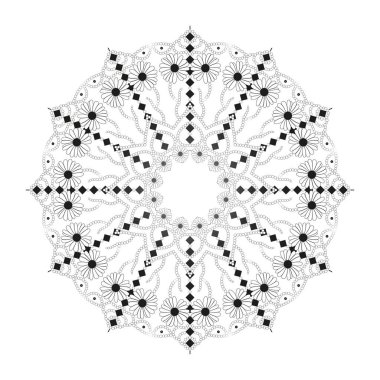 Mandala beyaz arka planda izole edildi. Dekoratif elementler, papatyalar nilüfer çiçeği. Yetişkinler için boyama sayfası.