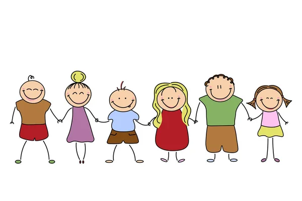 Personajes Dibujados Mano Niños Tomados Mano Ilustración Vectorial Niños Alegres — Vector de stock