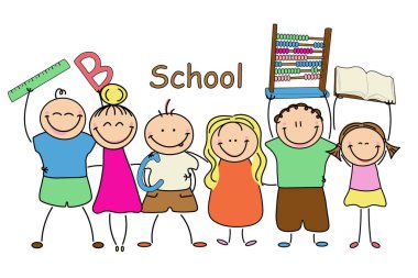 Okulda el çizimi çocuk karakterleri. Okul gereçleri ve yazı okulu olan sınıf arkadaşları..