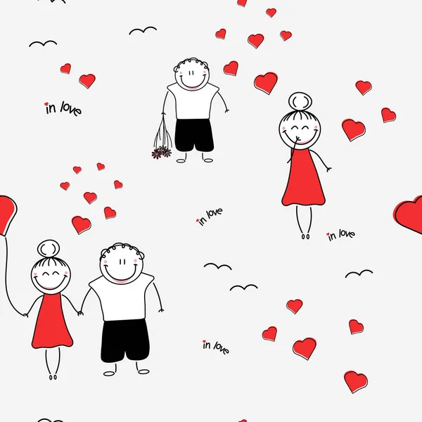 Seamless Pattern Love Motif Childish Figures Couple Love Holding Hands — Wektor stockowy