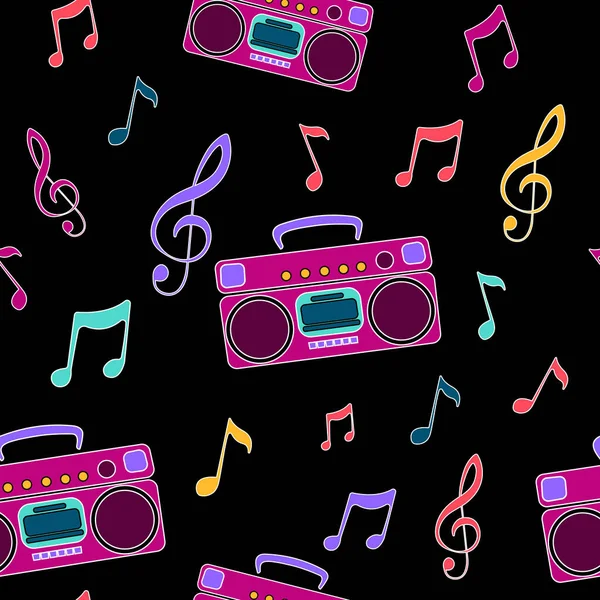 Retro Seamless Pattern Radio Musical Notes Colored Black Background — Vetor de Stock