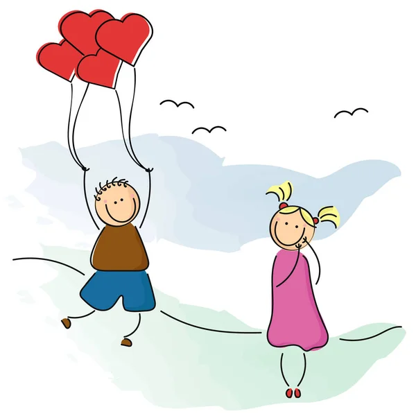 Childlike Cartoon Characters Couple Love Boy Donates Heart Shaped Inflatable — Wektor stockowy