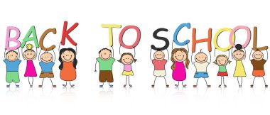 Kids back to school. Childlike cartoon characters children holding the inscription back to school.