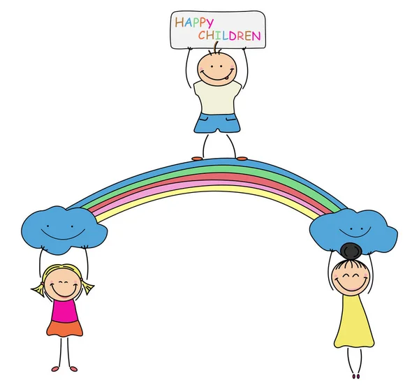 Niños Felices Figuras Infantiles Con Arco Iris Inscripción Happy Children — Vector de stock