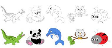 Çocuklar için boyama sayfası. Çocuklar için grafiksel tasarım. Çizgi film hayvanları.