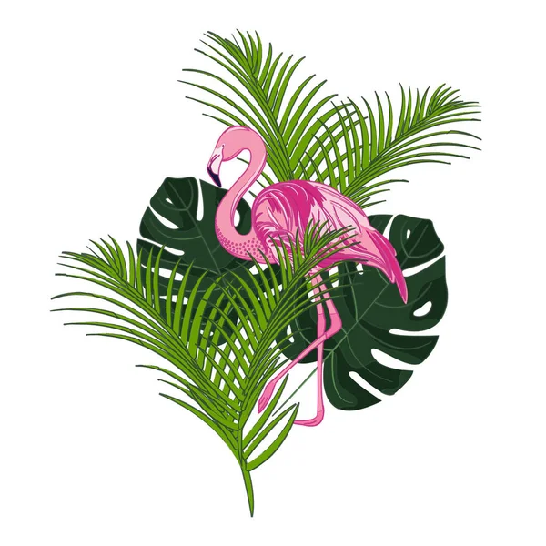 Flamenco Rosa Con Plantas Tropicales Monsteras Palmeras Aislado Sobre Fondo — Archivo Imágenes Vectoriales