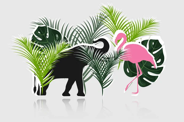 Fenicottero Silhouette Elefante Con Piante Tropicali Monstera Palme Isolato Sfondo — Vettoriale Stock