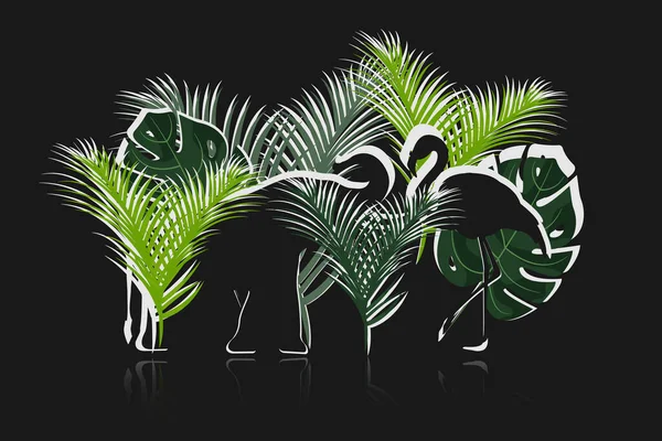 Silhouette Flamingo Und Elefant Mit Tropischen Pflanzen Monstera Und Palmen — Stockvektor