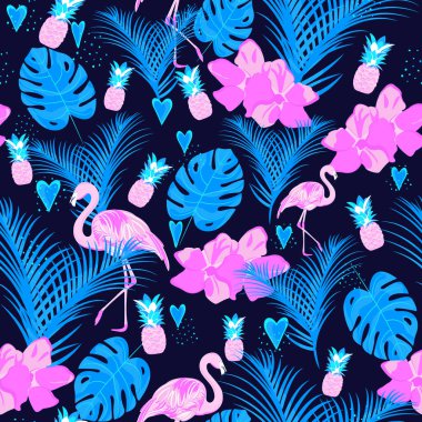 Flamingo, ananas, palmiye ve canavar desenli tropikal desenler. Tekstil, baskı, yatak, ambalaj tasarımı ve duvar kağıdı için.