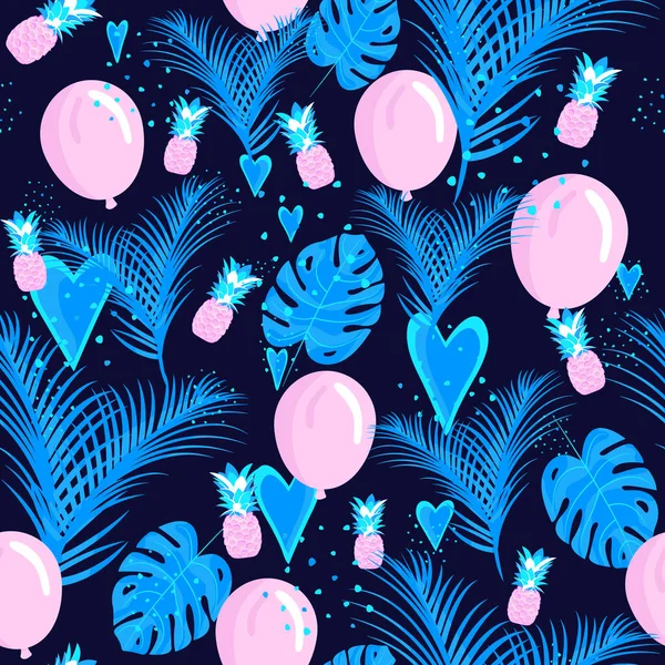 Modèle Fête Sans Couture Ballons Gonflables Ananas Plantes Tropicales Palmiers — Image vectorielle