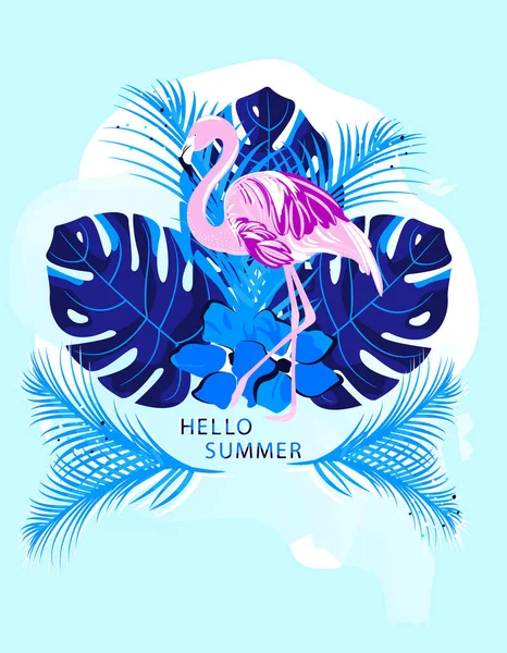 Векторное Знамя Тропическими Растениями Фламинго Надписью Hello Summer Листовок Плакатов — стоковый вектор