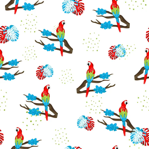 Tropický Bezešvý Vzor Zvířecí Vzor Papouškem Monsterou Pro Potisk Textil — Stockový vektor