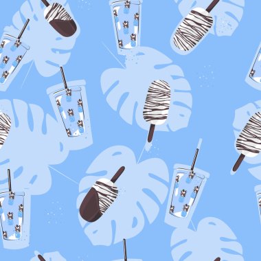 Tropik, dikişsiz buzlu şeker, canavar ve içki deseni. Tekstil, baskı, yatak, ambalaj tasarımı ve duvar kağıdı için.