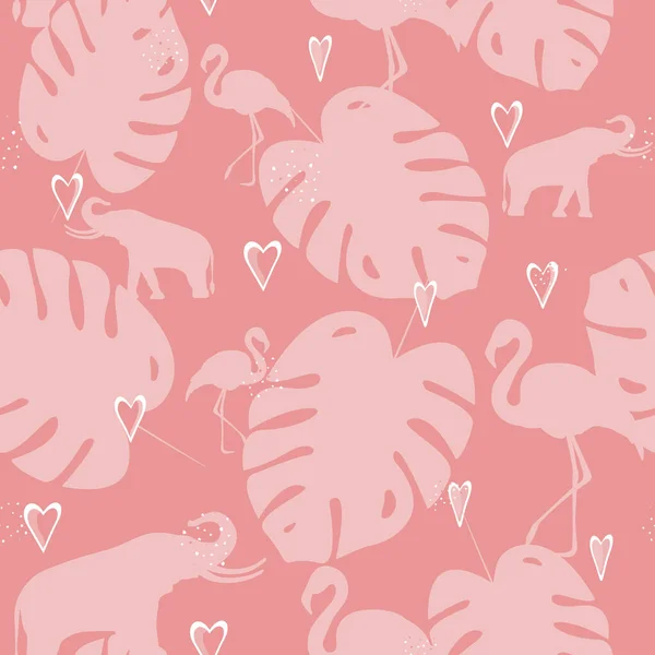 Girly Seamless Pattern Tropical Motif Elephants Flamingos Monstera Hearts Textiles — Stock Vector