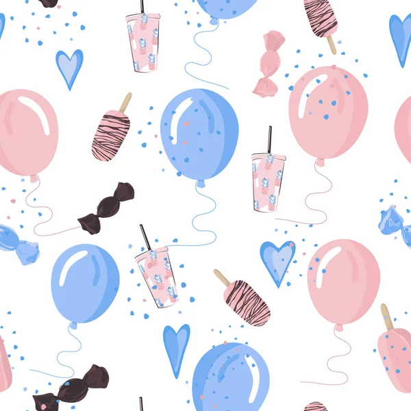 Modèle Sans Couture Bébé Anniversaire Ballons Gonflables Glace Éclatante Bonbons — Image vectorielle