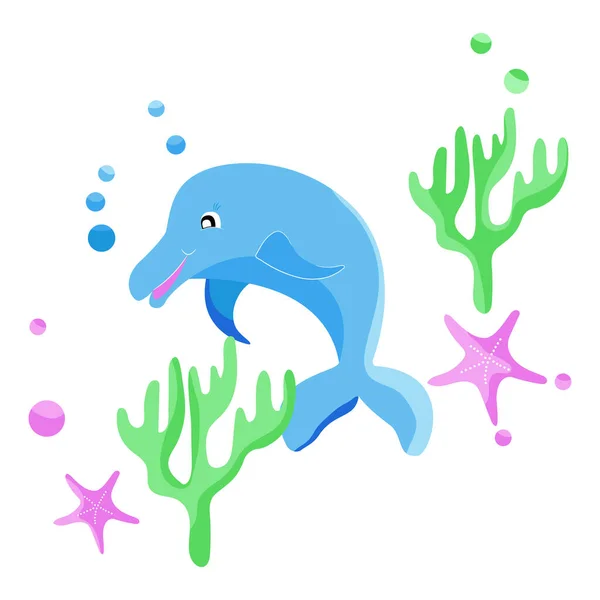 Векторная Иллюстрация Дельфинов Кораллов Морских Звезд Изолированный Белом Фоне — стоковый вектор