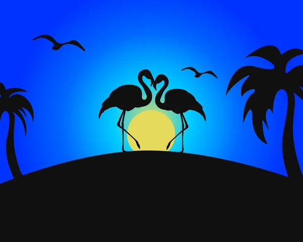 Silhouette Fenicotteri Con Sfondo Tropicale Palme Uccelli Tramonto — Vettoriale Stock