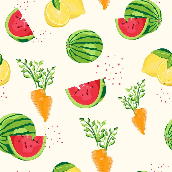 Patrón Sin Costuras Con Verduras Frutas Sandía Limón Zanahoria Impresión — Archivo Imágenes Vectoriales