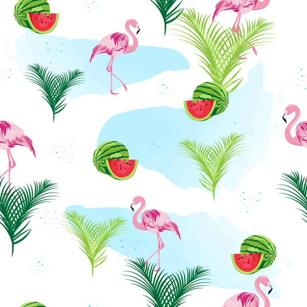 Tropical seamless pattern. Beach with flamingo, watermelon and palm trees. Prints, packaging design, bedding, clothing and wallpaper.
