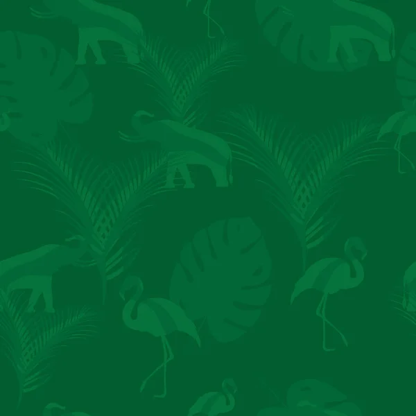 Bezproblémový Vzor Džungle Tropický Vzor Divokou Přírodou Slon Plameňák Příšera — Stockový vektor