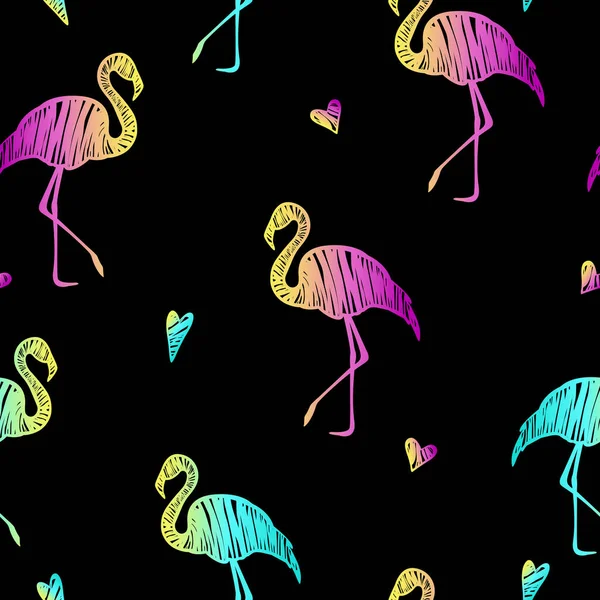 Flamingo ve kupa siluetleri. Kusursuz desen. Çoklu renk değişkeni. Siyah arka planda bir hayvanın karalamaları. İzler, kumaşlar, ambalaj tasarımı, yatak ve duvar kağıtları için parti deseni.
