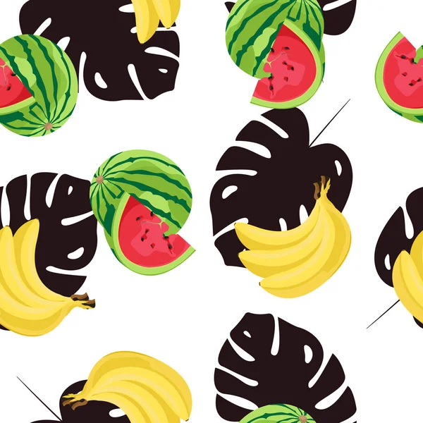 Patrón Sin Costura Tropical Frutas Banana Sandía Monstera Estampados Diseño — Archivo Imágenes Vectoriales