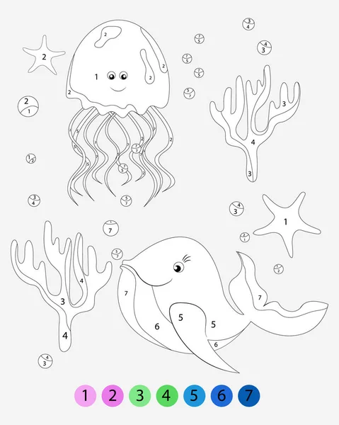 Underwater World Coloring Page Coloring Book Whale Jellyfish Starfish Corals — Stock Vector