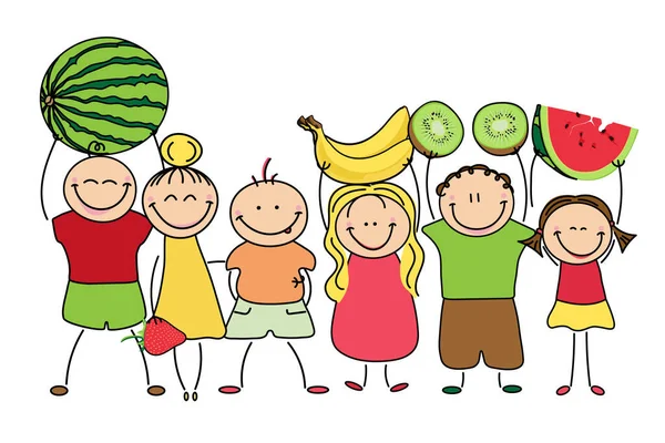 Garabatos Dibujados Mano Niños Con Frutas Los Niños Tienen Frutas — Vector de stock