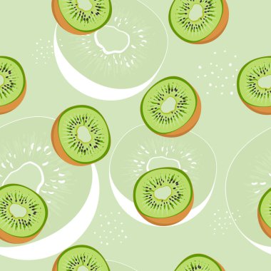 Kivi meyveli, kusursuz yaz deseni. Baskı, ambalaj, tekstil, yatak, giysi ve duvar kağıdı için grafiksel tasarım. Yiyecek, market ve dükkanlar.