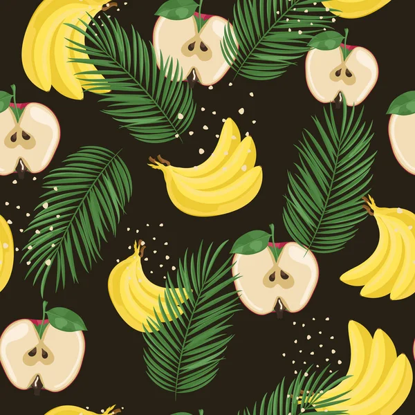 Patrón Sin Costuras Verano Con Hojas Plátano Manzana Palma Diseño — Archivo Imágenes Vectoriales