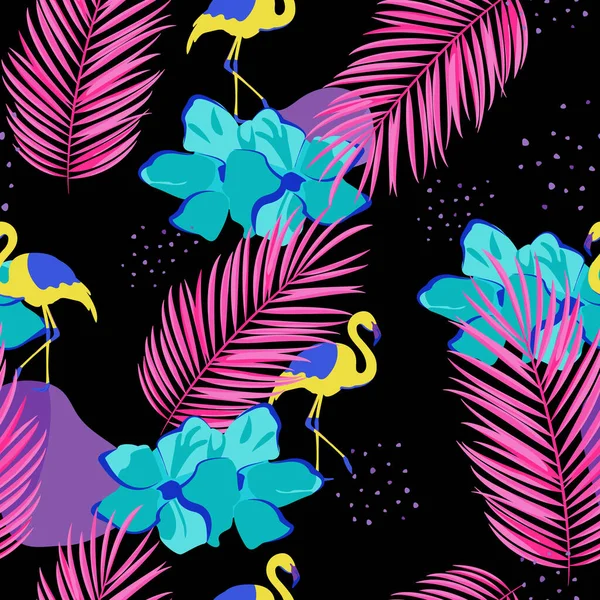 Тропический Бесшовный Узор Фламинго Пальмовыми Листьями Бирюзовый Цвет Черном Фоне — стоковый вектор