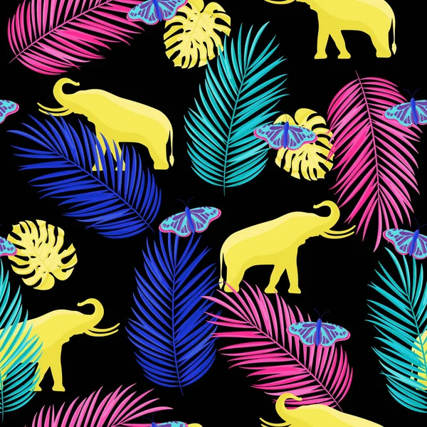 Тропический Бесшовный Рисунок Слонами Бабочками Пальмовыми Листьями Монстрами Разноцветные Джунгли — стоковый вектор