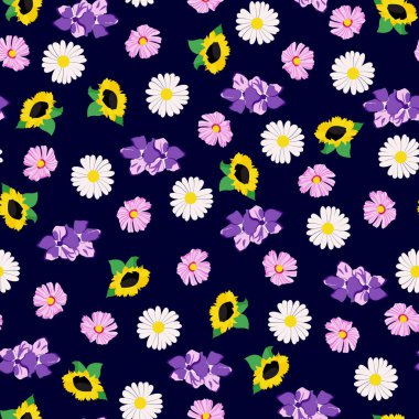 Çiçeksiz desen. Ayçiçeği, papatya ve sakura çiçeği. Paketleme tasarımı, yatak, tekstil, baskılar ve duvar kağıtları.