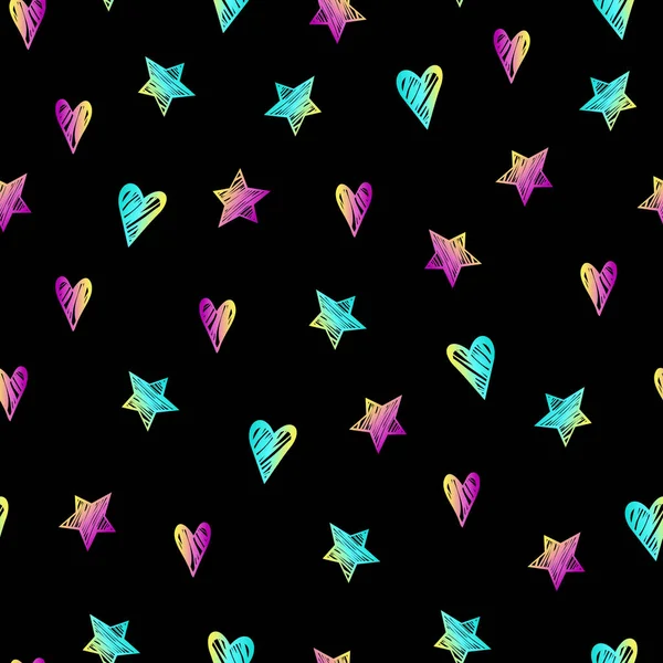 Stars Hearts Seamless Pattern Multicolor Gradient Black Background Turquoise Colors — Stock Vector