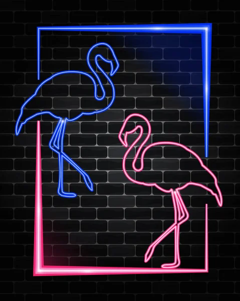 Фламинго Рамке Неоновый Эффект Изолированный Темном Кирпичном Фоне Баннер Вечеринок — стоковый вектор