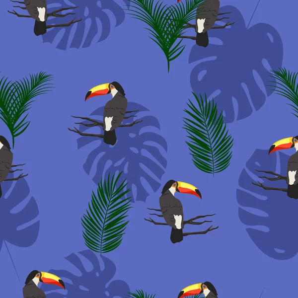 Tropical Seamless Pattern Animal Pattern Toucan Palm Leaves Monstera Prints — Stockový vektor