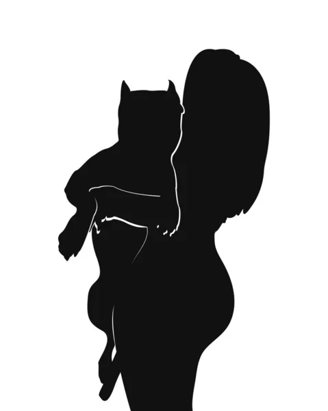 Силуэт Девушки Держащей Собаку Американский Стаффордширский Терьер Питбуль Изолированный Белом — стоковый вектор