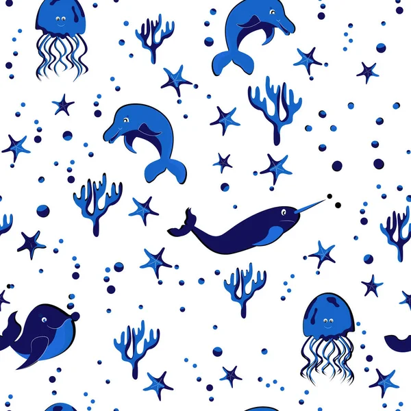 Underwater World Seamless Pattern Dolphin Whale Narwhal Starfish Corals Graphic Vettoriali Stock Royalty Free