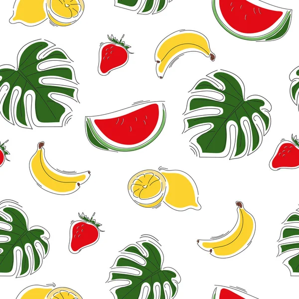 Seamless Summer Pattern Tropical Fruits Monstera Watermelon Banana Strawberry Lemon — Stock Vector