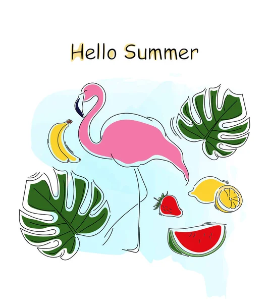 Summer Banner Flamingo Tropical Fruit Monstera Leaves Lettering Hello Summer — Wektor stockowy