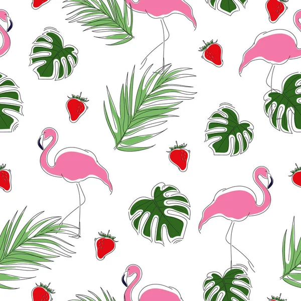 Seamless Summer Pattern Tropical Plants Flamingo Strawberry Monstera Palm Tree — Stockový vektor