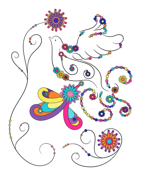 Decorative Ornamental Dove Flowers Colorful Vector Illustration Isolated White Background — Stock Vector