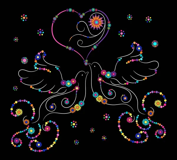Palomas Decorativas Ornamentales Flores Ilustración Vectorial Colorida Aislada Sobre Fondo — Vector de stock