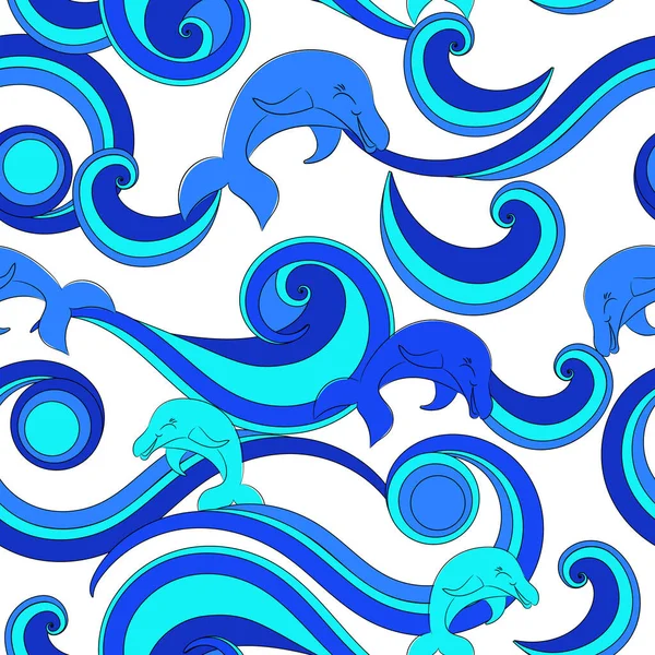 Seamless Pattern Dolphins Waves Decorative Pattern Spirals Prints Textiles Bedding - Stok Vektor