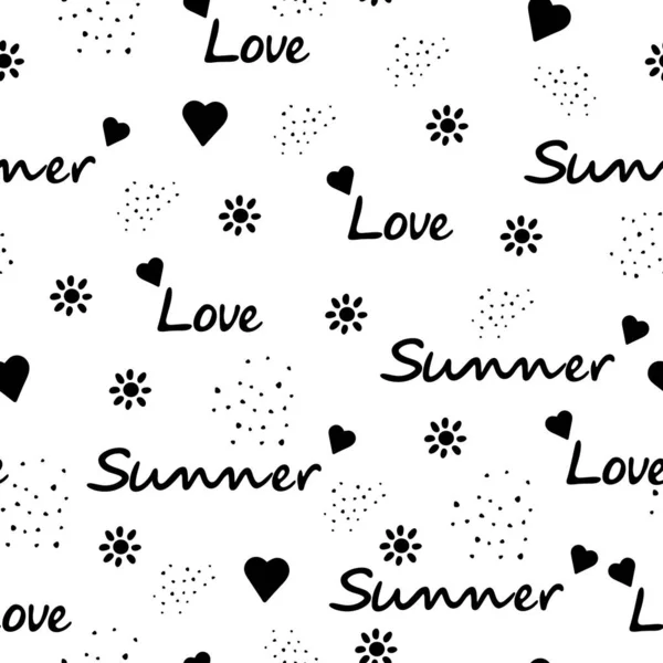 Love Summer Seamless Pattern Heart Flowers Lettering Prints Packaging Design — Stock Vector